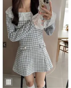 チェック柄レースドッキングミニワンピース