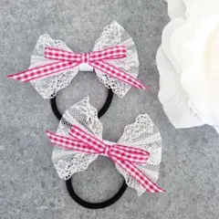 【レッド】レースリボンのツインヘアゴム/キッズ髪ゴム/ハンドメイド