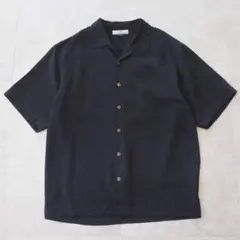 90s vintage【シルク　ブラック　開襟シャツ　HBT　レーヨン風　無地】 90s vintage【シルク ブラック 開襟シャツ HBT レーヨン風 無地