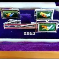 メンズ　ネクタイピン　カフスリンクス　セット　グリーン　昭和レトロ　ヴィンテージ