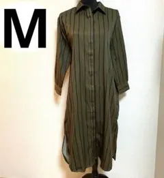 ストライプシャツワンピース カーキ ロング丈 長袖 レディースM ワンピース