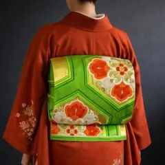 【D4-17】袋帯 単品 六通 ゴールド 黄緑 オレンジ 424cm 振袖にも◎