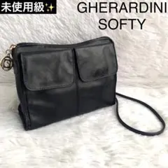 美品 ゲラルディーニ ソフティ ショルダーバッグ ダブルポケット 黒 金色ロゴ 美品 ゲラルディーニ ソフティ ショルダーバッグ ダブルポケット