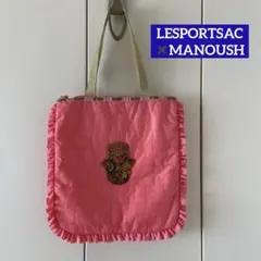希少❣️レスポートサック✖️ マヌーシュ フリル トートバッグ 鳥柄 ピンク色