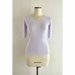 LES MUES Vネック 5分袖 リブニット パープル L 洗える 美品のサムネイル