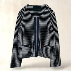 イッカヴェッカ　ノーカラージャケット　F　ネイビー系　ボーダー柄　フルジップのサムネイル