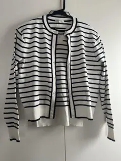 PLST長袖カーディガン/半袖ニット、アンサンブル、白/ネイビーのストライプ