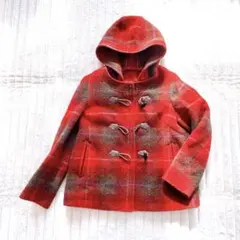 組曲　フード付きダッフルコート　レッド　L タータンチェック　ミドル丈