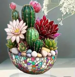 大きくて良品✨モザイクデザインの多肉サボテンアレンジ　アクスタ