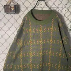 総柄 ニット クルーネック セーター ゆるダボ 太アーム グリーン 緑