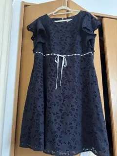 17号　未使用　ネイビー 花柄レース フリル袖 ワンピース
