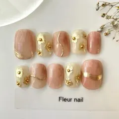 【現品】くすみピンク×ゴールドフラワー ネイルチップ 上品 春ネイル