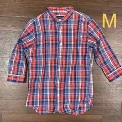 SHIPS JET BLUE 綿麻チェック 7分袖シャツ M