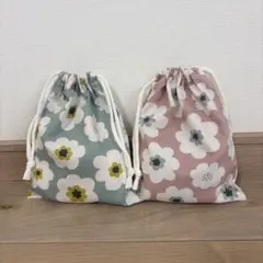 袋　給食袋　巾着　花柄　くすみカラー　2点　ハンドメイド