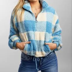 新品タグ付き　ビラボン　フリース　防寒対策　ボア　チェック柄　水色　白　M