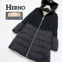美品✨HERNO 異素材切替　ダウンコート　フード　ブラック　黒　金タグ　M