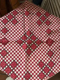フランス　アンティーク ダミエ チェック 市松　テーブル　クロス　刺繍　赤白レア フランス アンティーク ダミエ チェック 市松 テーブル クロス 刺繍 赤