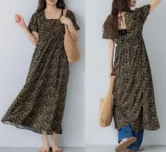 ヴィンテージフラワープリントレーヨン ワンピース半袖 ブラック