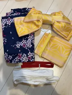 浴衣 紺 桜 作り帯 浴衣セット 黄色