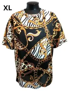 XL チェーン柄 Tシャツ 半袖 黒ゴールド ゼブラ 豹柄 エレガント バロック
