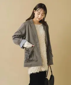 グレー 花柄刺繍ポケット ノーカラージャケット