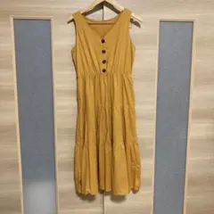 RETORO GIRLマスタード ボタン付き Vネック ノースリーブワンピース