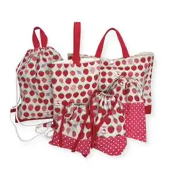 入園入学6点セット レッスンバッグセット いちご柄 レッド系 ハンドメイド