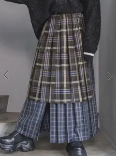 PAGEBOY レイヤード風　チェック柄プリーツロングスカート　ブルー