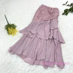 レース切替 ティアード ロング丈　フレアスカート ウエストゴム ピンク　S〜M