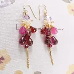 14kgf 天然石ロードライトガーネットとルビーのピアス　ハンドメイド
