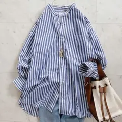 美品　SHIPS any STANDARD ストライプ　バンドカラーシャツ　青