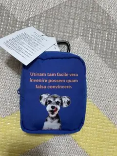 犬イラスト付き青ポーチ カラビナ付き
