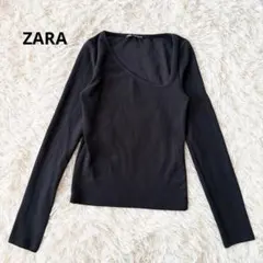 ZARA リブカットソー 長袖 黒 S 無地 ストレッチ 変形Uネック シンプル