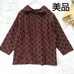 美品　昭和レトロ　七分袖シャツ　ハーフジップ襟付き　日本製　幾何学模様