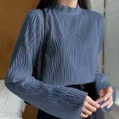 レディース トップス シャツ ブラウス 長袖 ブルー プリーツ S
