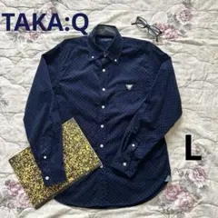 TAKA:Q ネイビー ドット柄 長袖ボタンダウンシャツ　L コーデュロイ