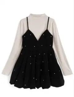 ビジューベロアキャミソールミニワンピース×ボトルネックトップスセットアップ