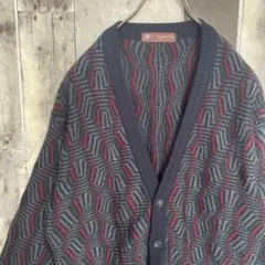 ヴィンテージ古着★3Dニットカーディガン　幾何学模様総柄L　個性派　アート　厚手