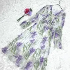 シフォンワンピース M フリル プリーツ フラワープリント シースルー リボン