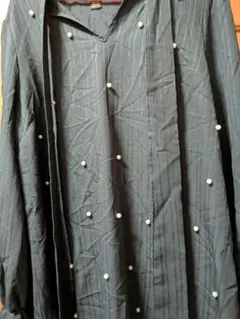 パール装飾 長袖シャツワンピースネイビー