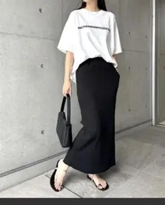 andmeアンドミセルフカットリブロングタイトスカートL黒