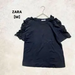 ZARA/フリル袖Tシャツ/M/ブラック/半袖/大人可愛い/シンプル