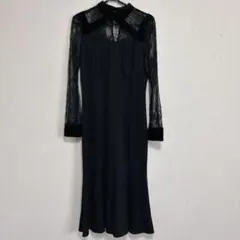 ノーブランド ワンピース ハイネック長袖 レース S 黒 綿 パーティー