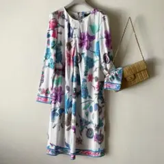 超美品 LEONARD 華やか秋色花柄 カシュクールワンピース 薄手ニット