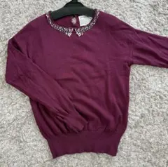 スコットクラブfor the people ビーズ襟風長袖ニット　ワインレッド