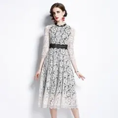 清楚ドレス♪　ブラックアクセント　ホワイト総レースワンピース　花柄　七分袖　M