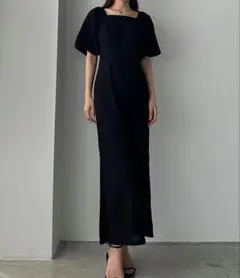 高身長サイズ　リネン混　スクエアネックロングワンピース ブラック