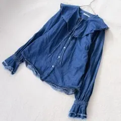 フリークスストア デニム風シャツブラウス 長袖 フリルカラー コットン100％