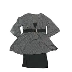 ストライプ ベルト付 チュニックワンピース 黒 レディースM