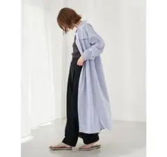 ワークシャツワンピース　サックス　ストライプ